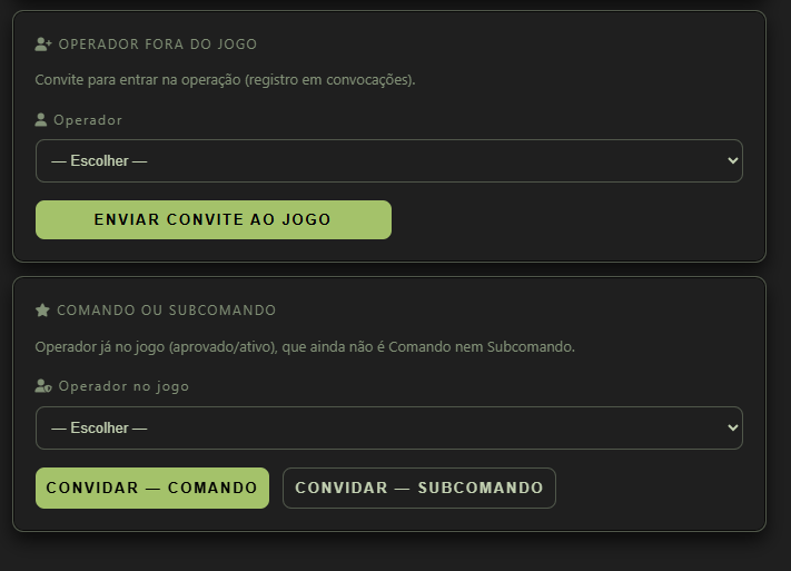 Blocos Operador fora do jogo e Comando ou Subcomando com botões Enviar convite ao jogo, Convidar Comando e Convidar Subcomando.
